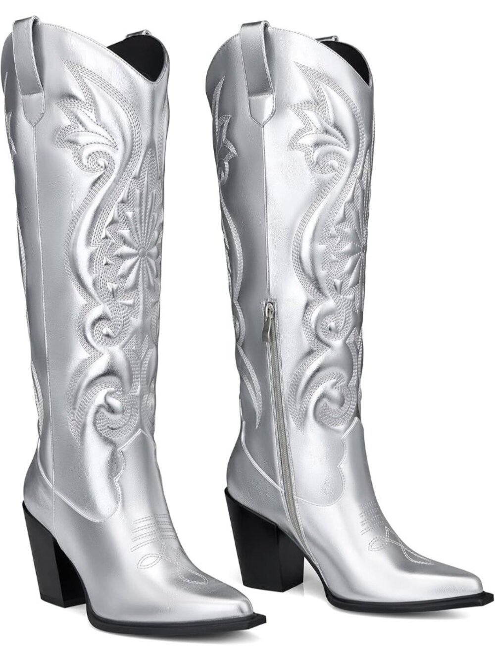 Women’s Silver Western Cowboy Wide Calf Knee High Imported Cowgirl Long Boots